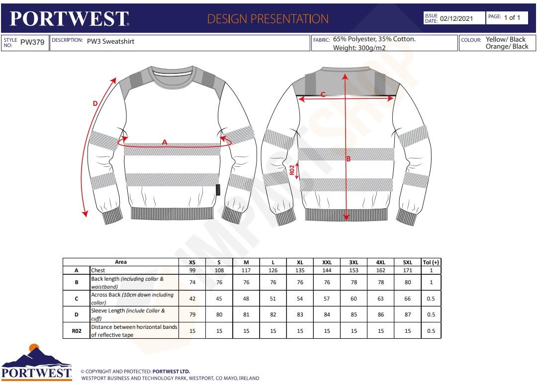 Portwest PW379 mérettáblázat