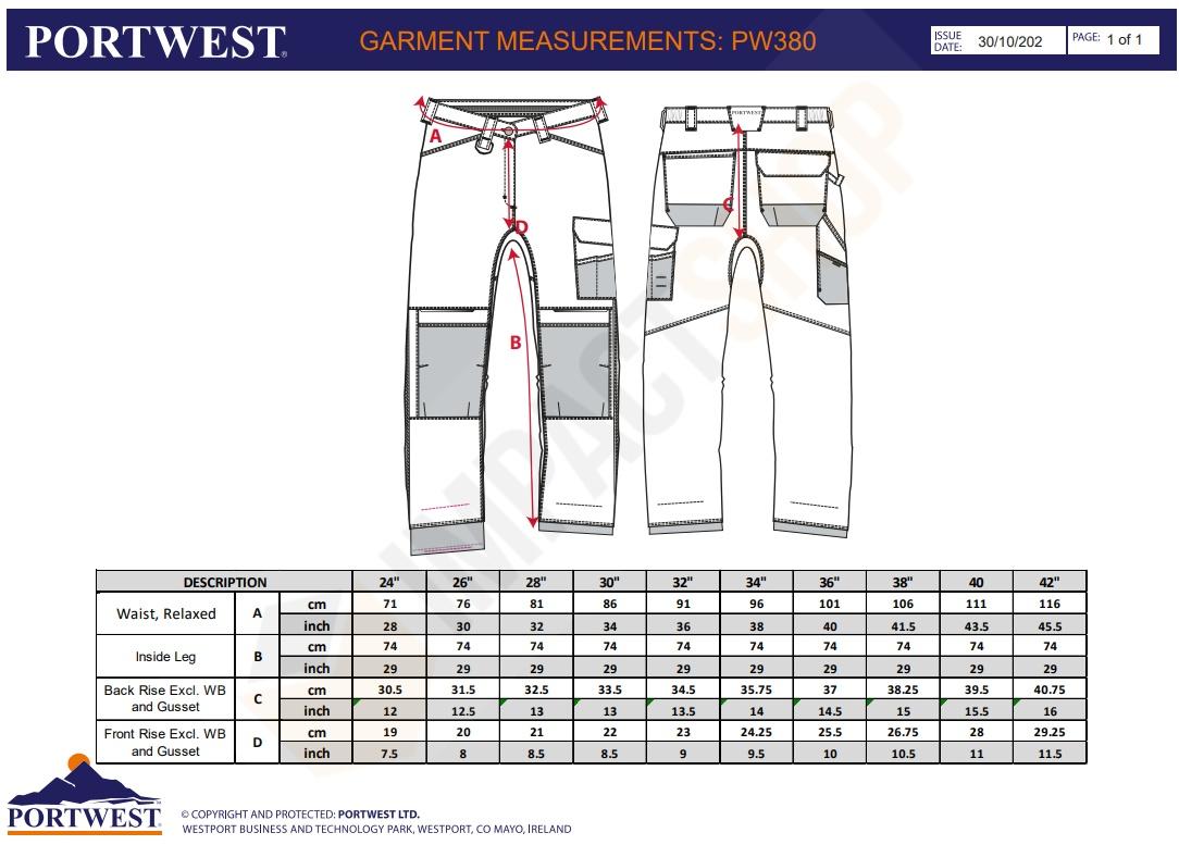 Portwest PW380 mérettáblázat