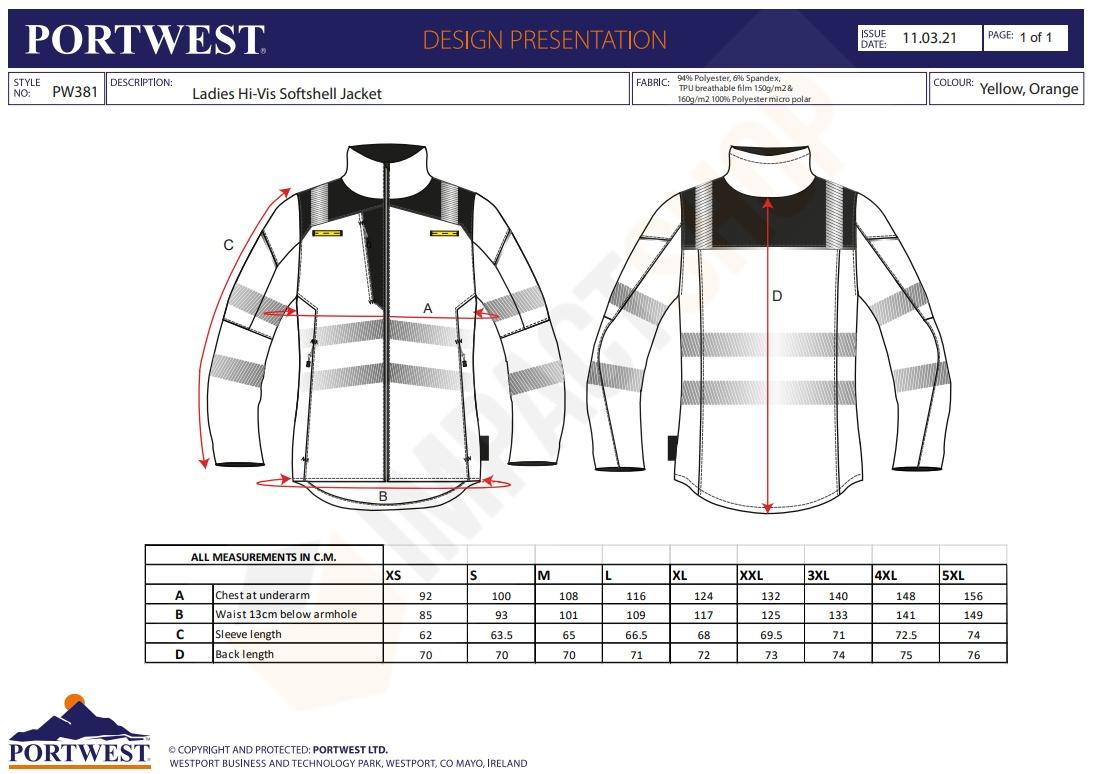 Portwest PW381 mérettáblázat