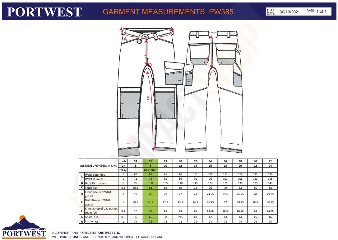 Portwest PW385 mérettáblázat