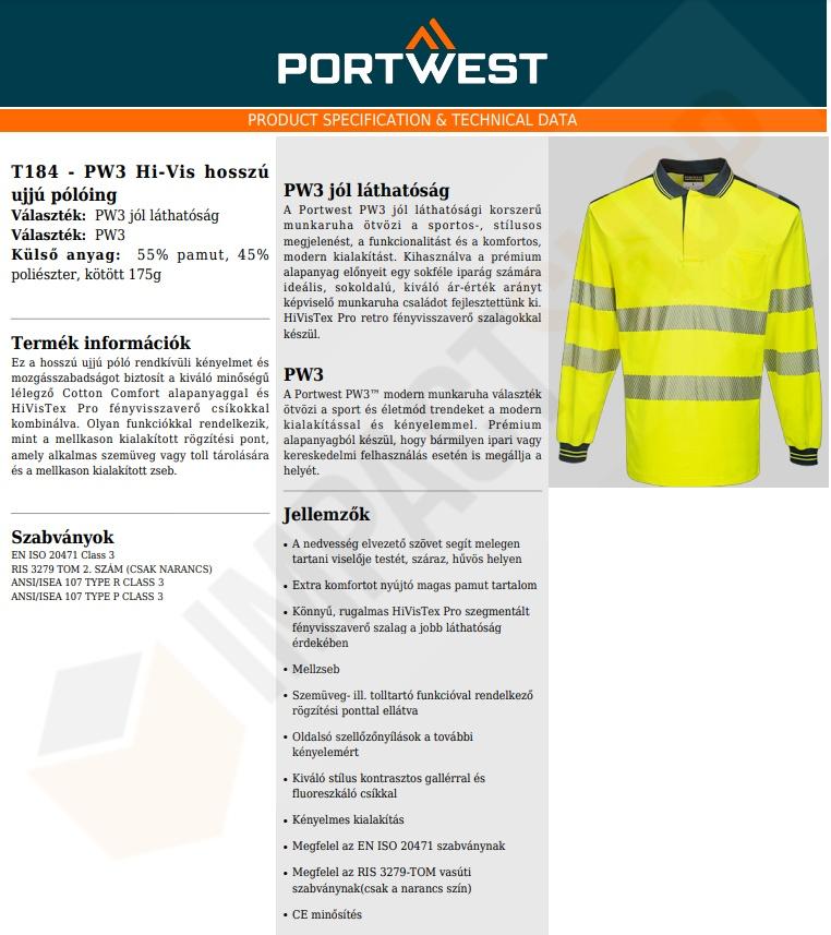 Portwest T184 adatlap