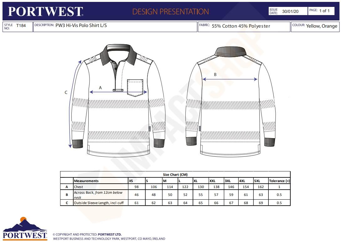 Portwest T184 mérettáblázat