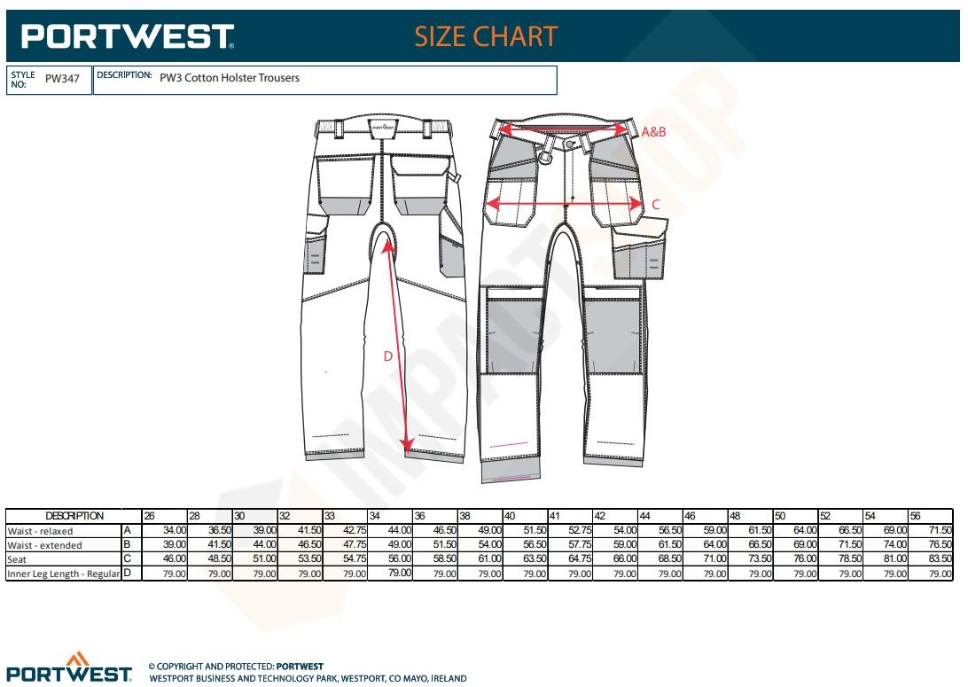 Portwest PW347 mérettáblázat