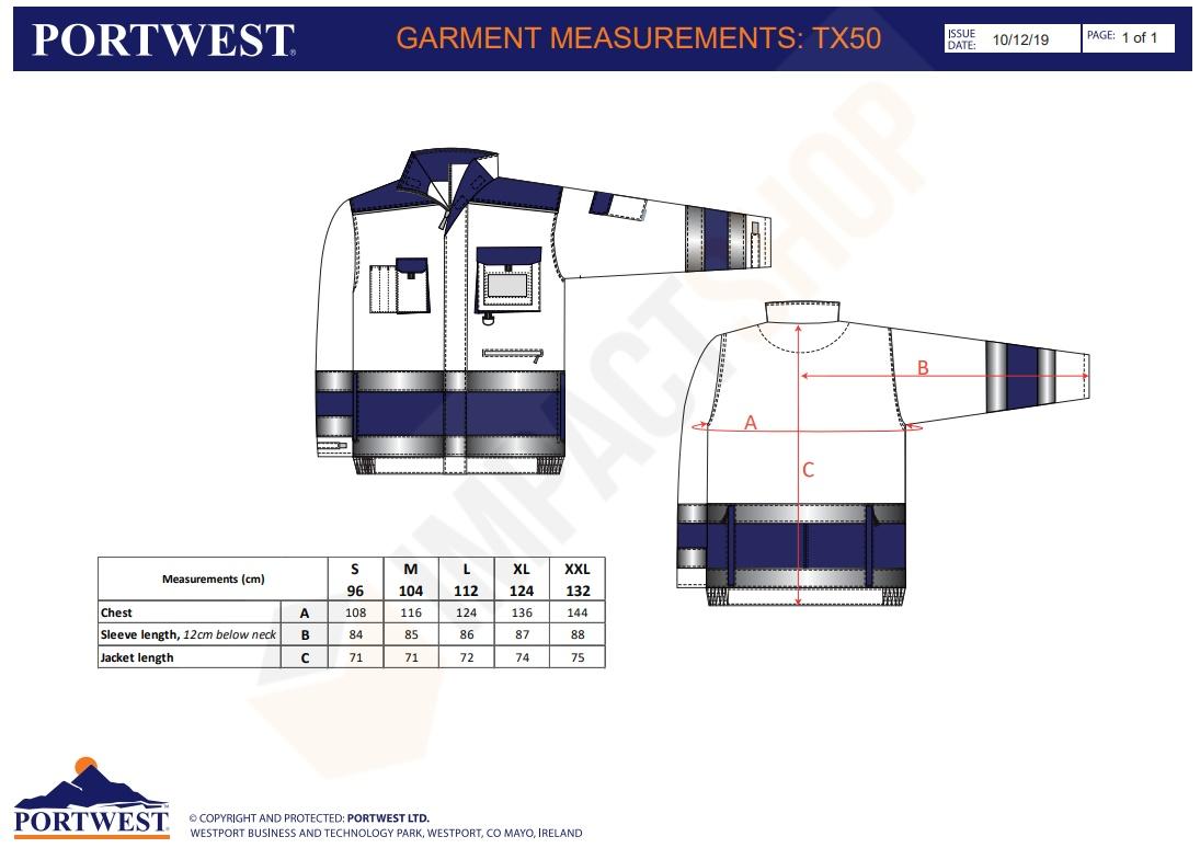 Portwest TX50 mérettáblázat