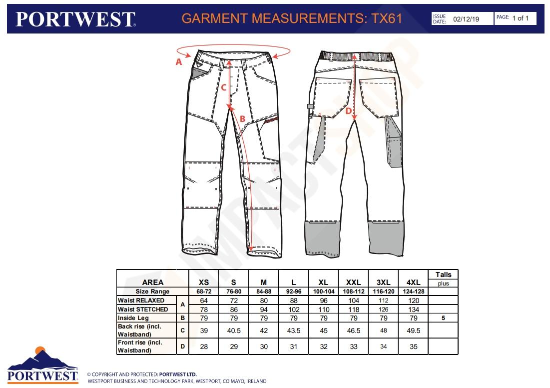 Portwest TX61 mérettáblázat