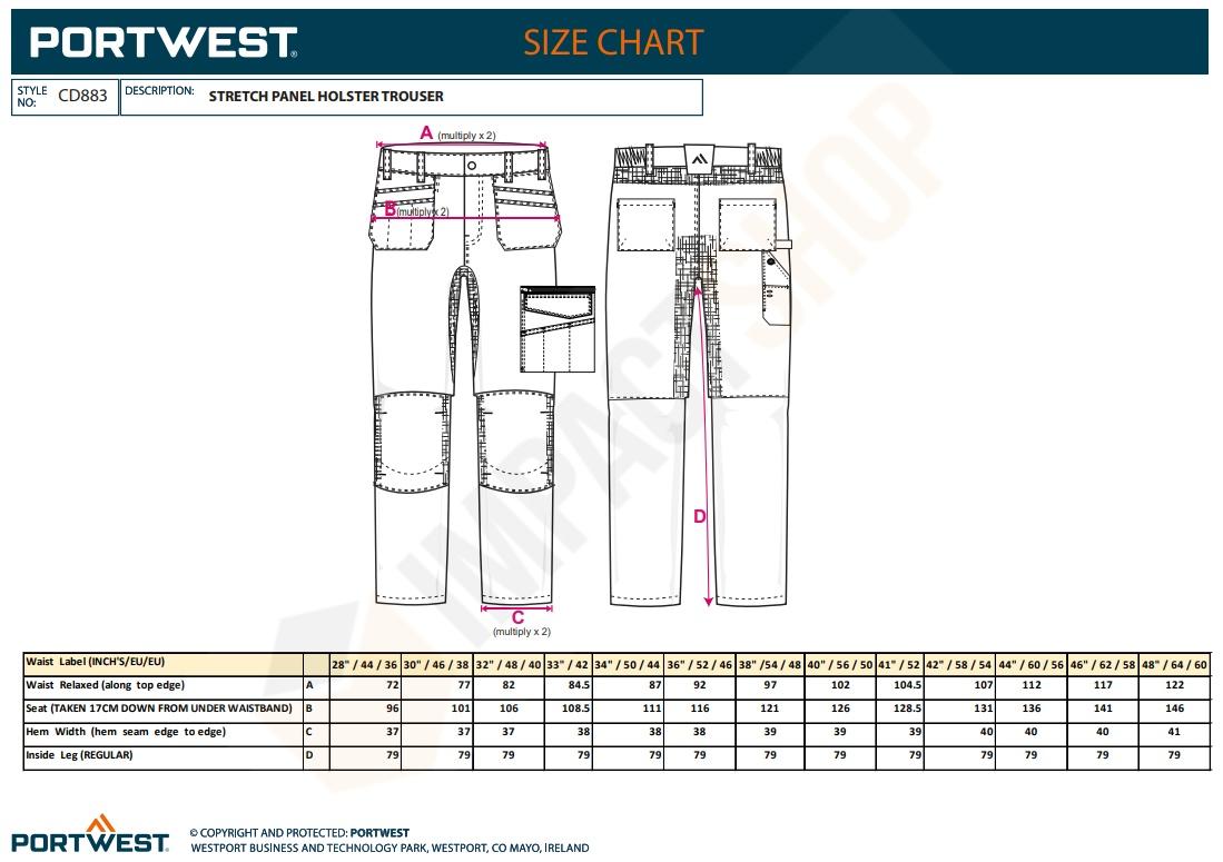 Portwest CD883 mérettáblázat