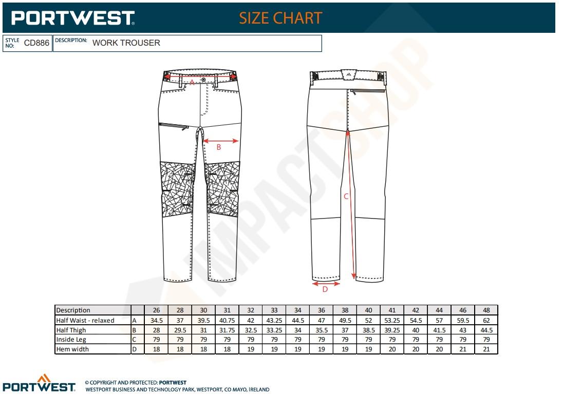 Portwest CD886 mérettáblázat