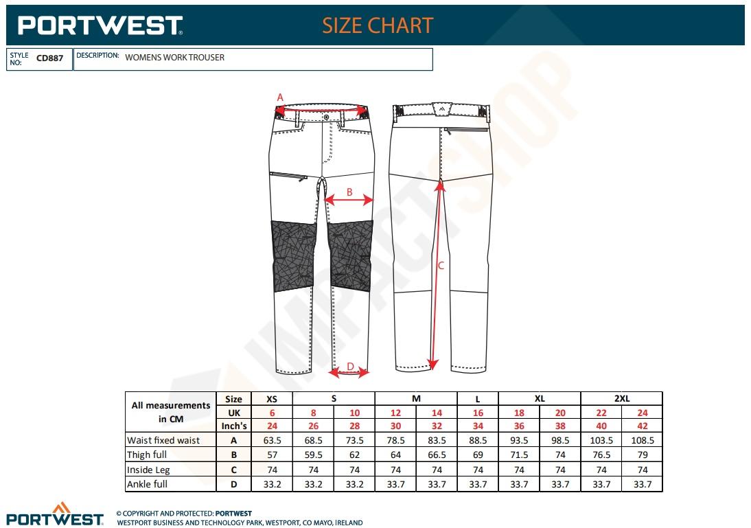 Portwest CD887 mérettáblázat