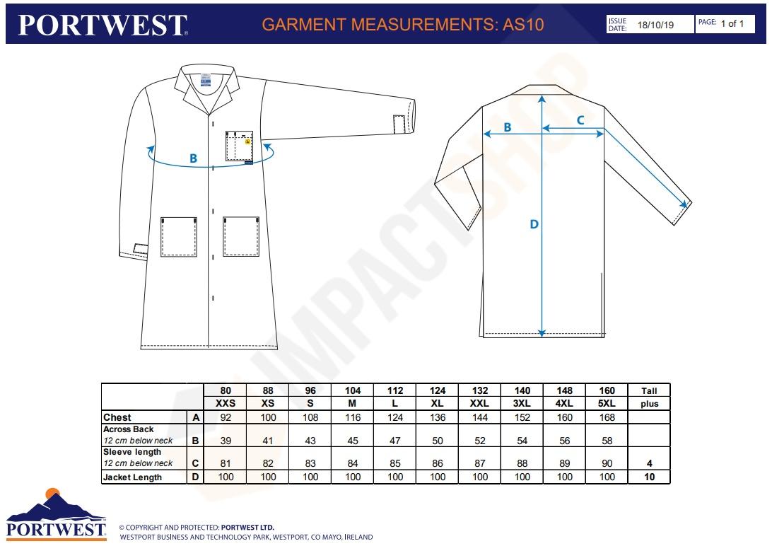 Portwest AS10 mérettáblázat