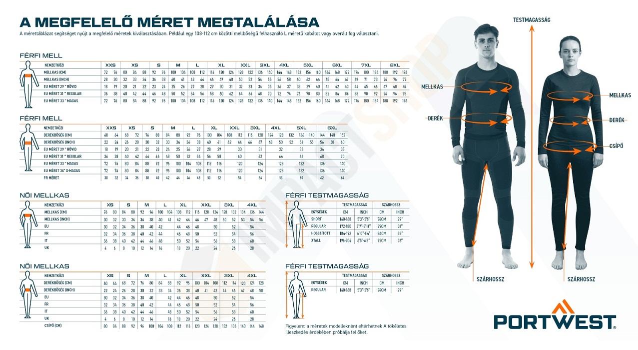 Portwest AS26 mérettáblázat