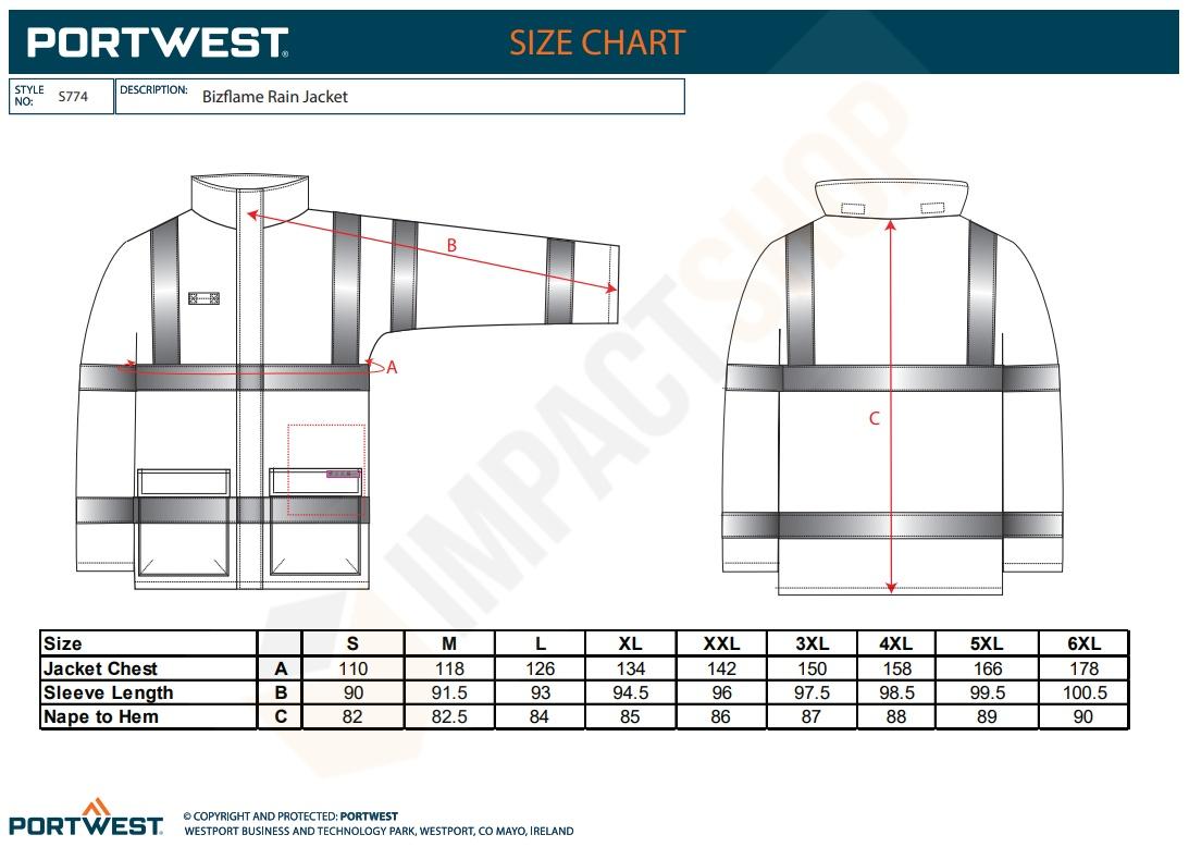 Portwest S774 mérettáblázat