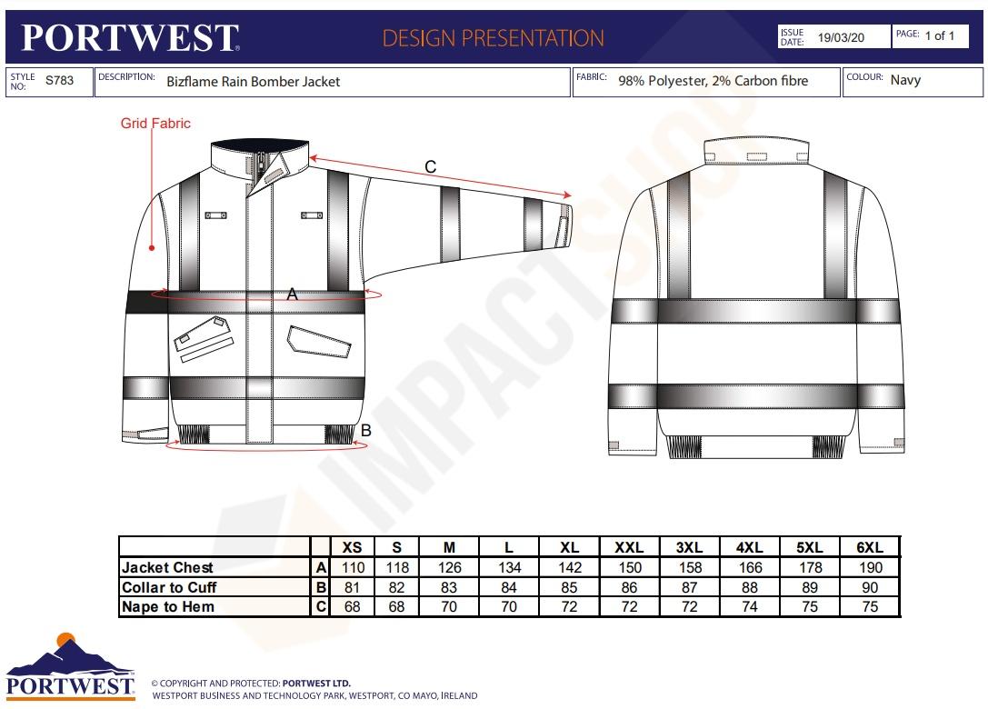 Portwest S783 mérettáblázat