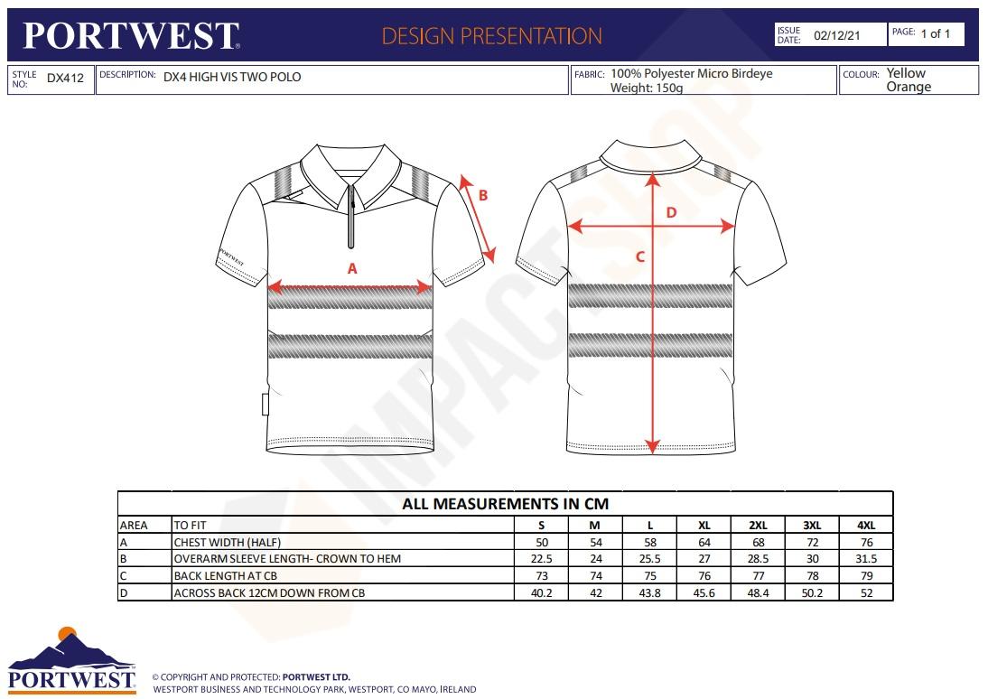 Portwest DX412 mérettáblázat