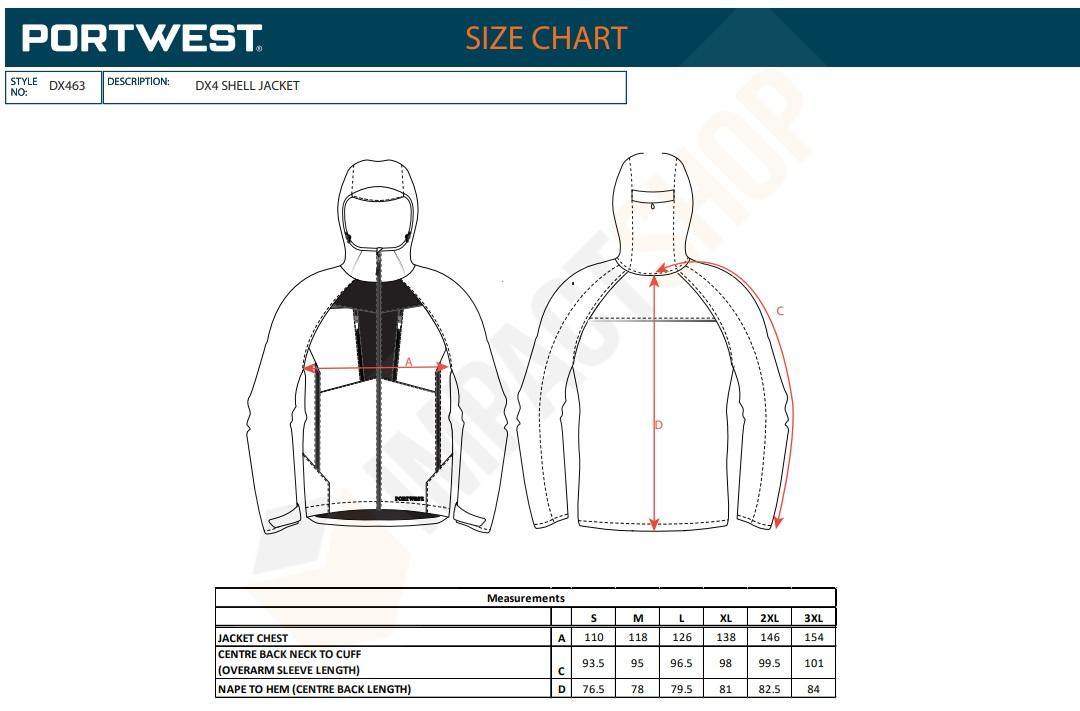 Portwest DX463 mérettáblázat