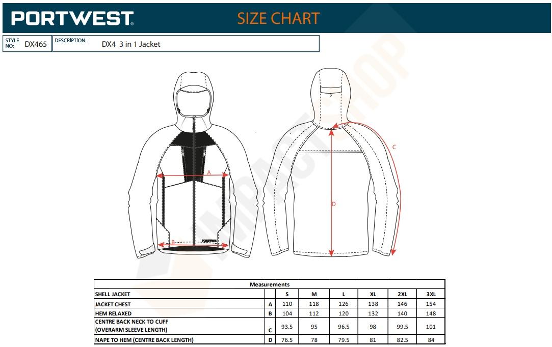 Portwest DX465 mérettáblázat