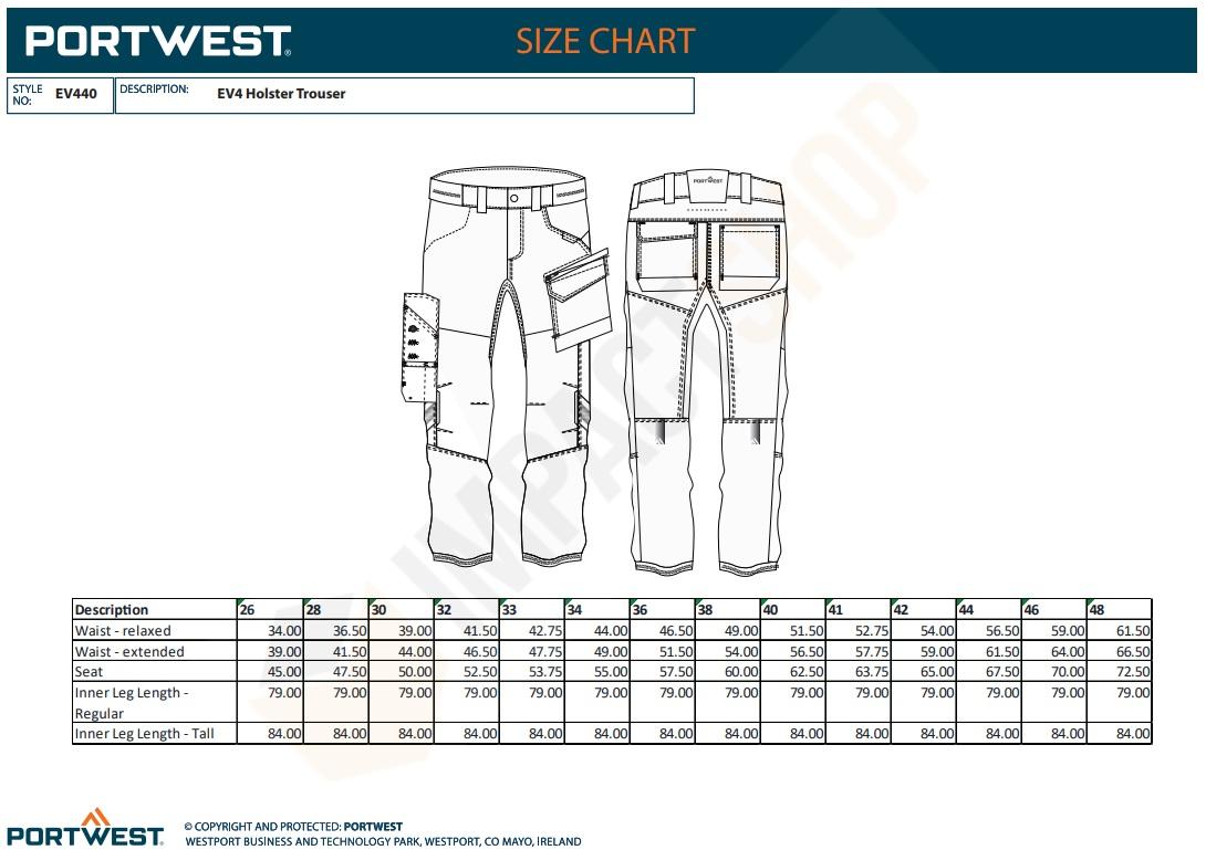 Portwest EV441 mérettáblázat