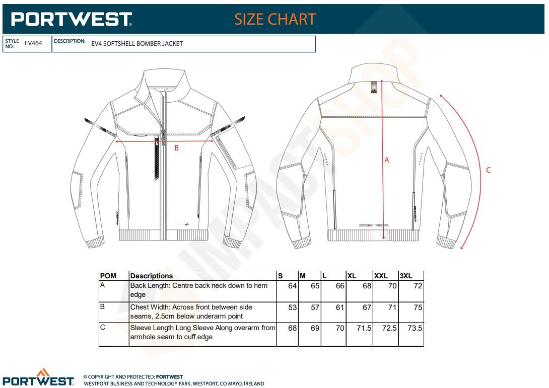 Portwest EV464 mérettáblázat