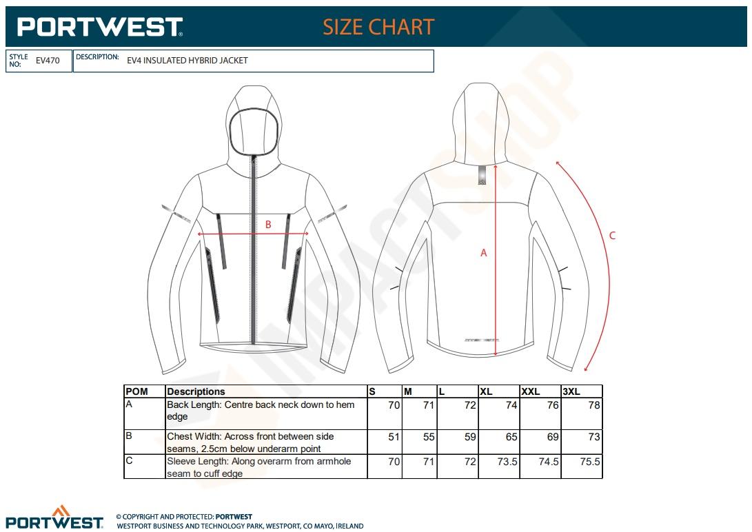 Portwest EV470 mérettáblázat
