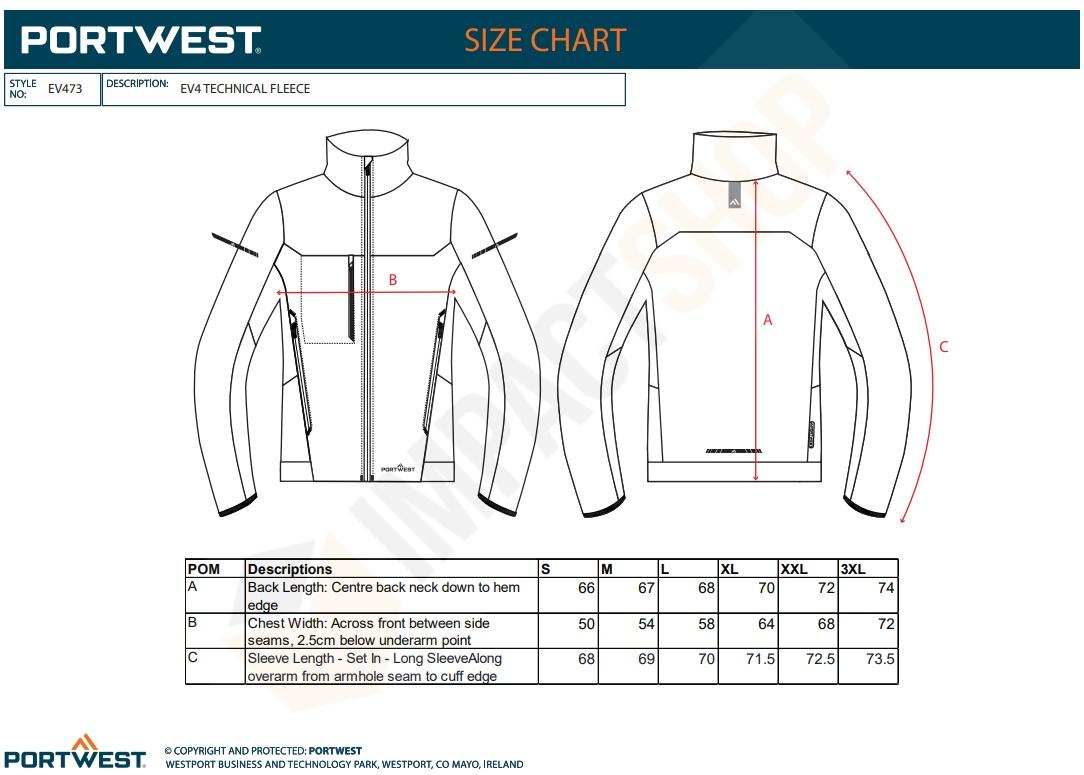 Portwest EV473 mérettáblázat