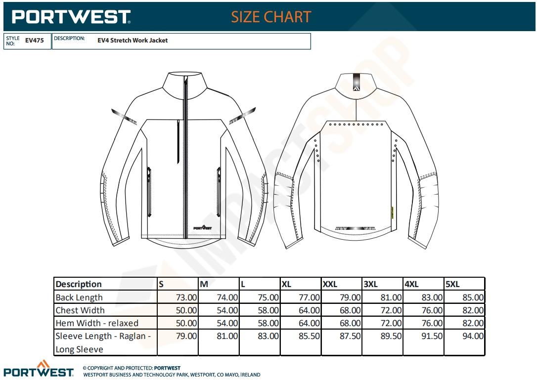 Portwest EV475 mérettáblázat