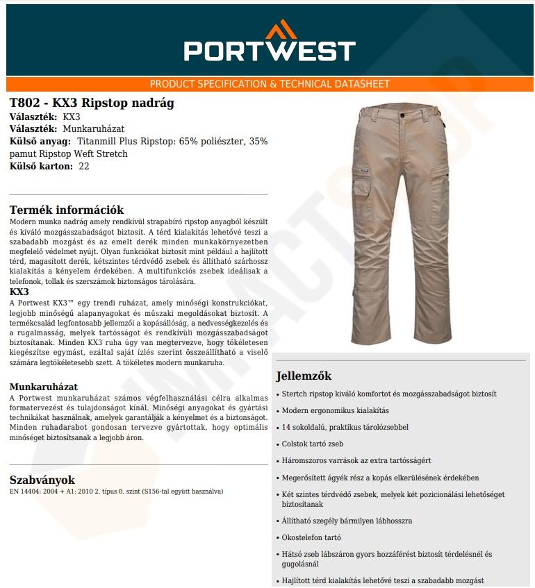 Portwest T802 adatlap