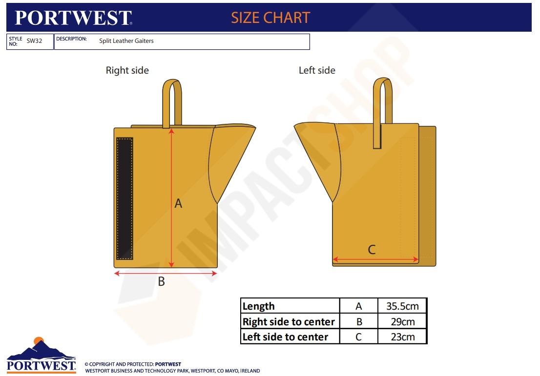 Portwest SW32 mérettáblázat