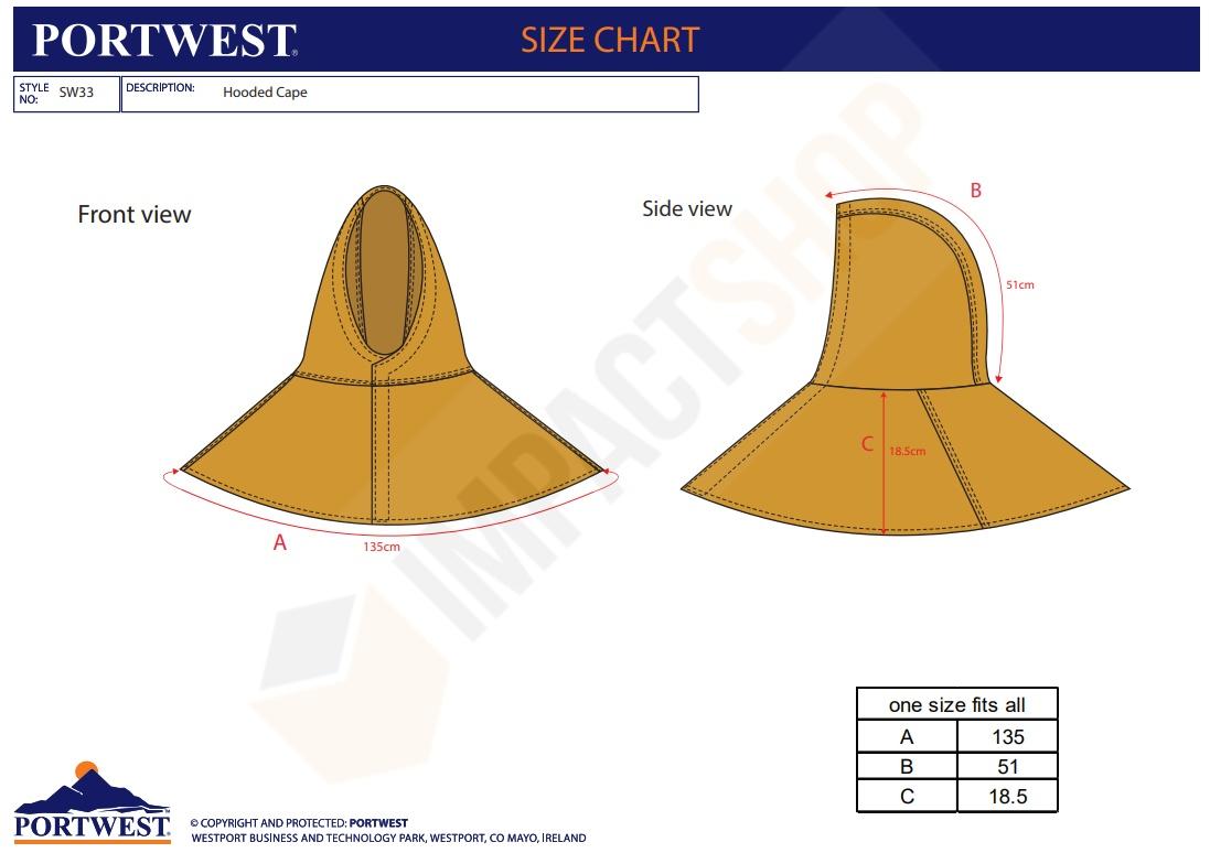 Portwest SW33 mérettáblázat