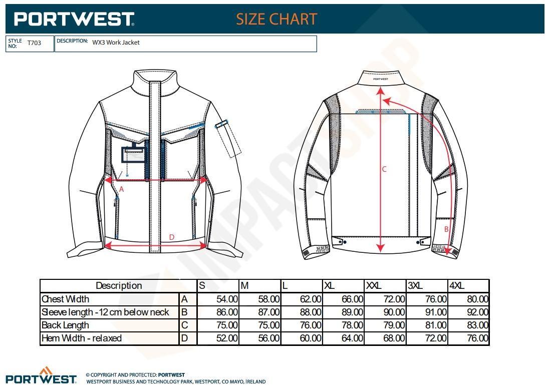 Portwest T703 mérettáblázat