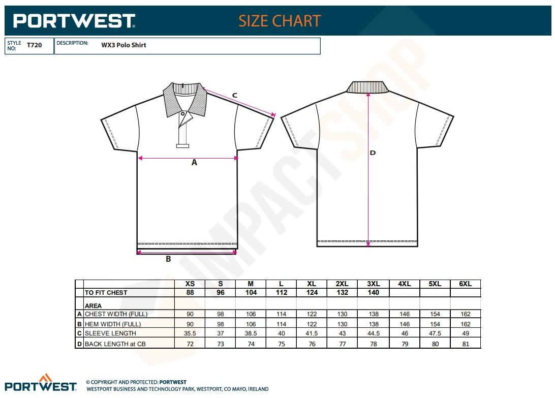 Portwest T720 mérettáblázat