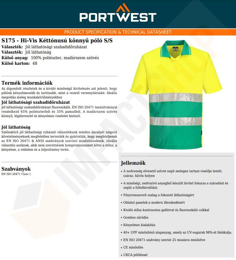 Portwest S175 adatlap