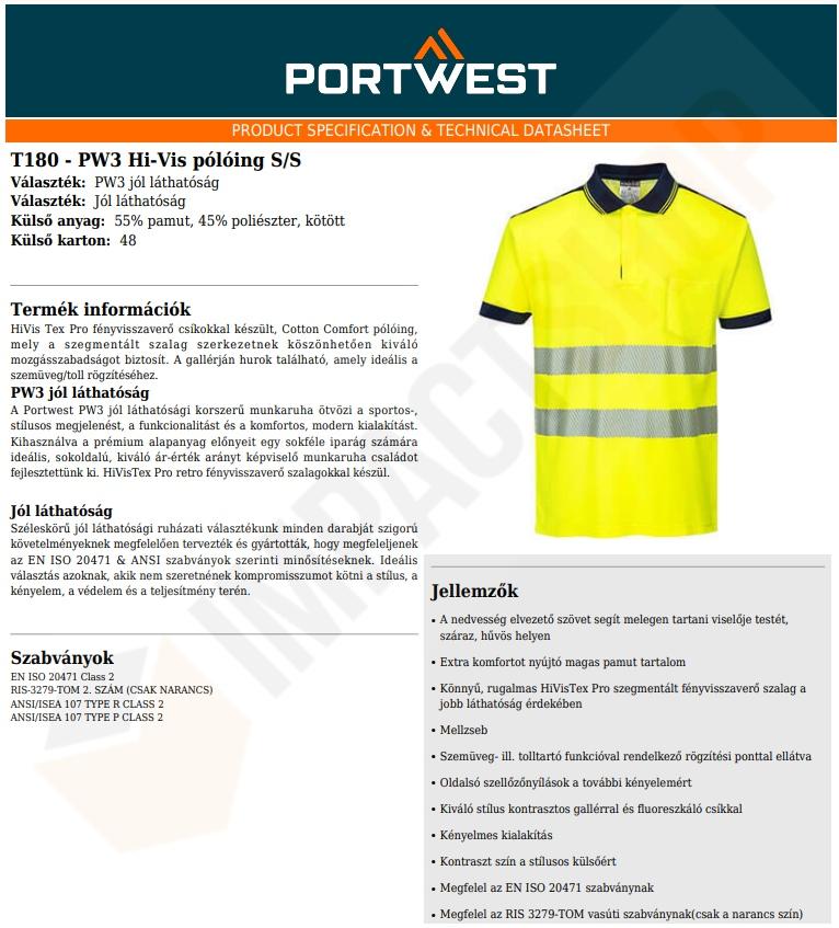 Portwest T180 adatlap