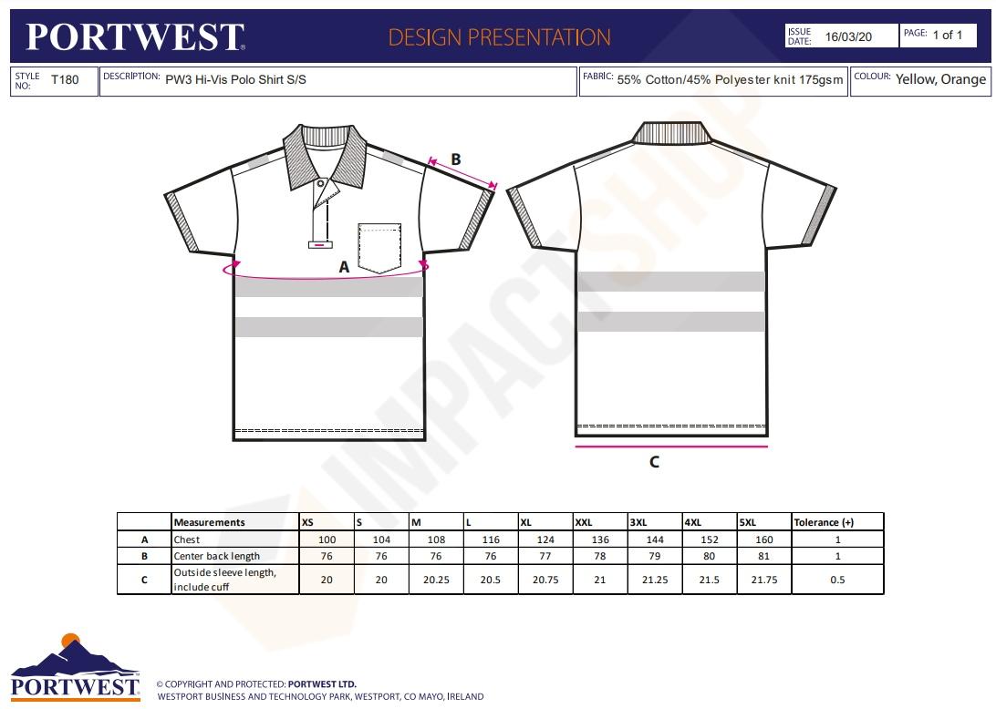 Portwest T180 Mérettáblázat