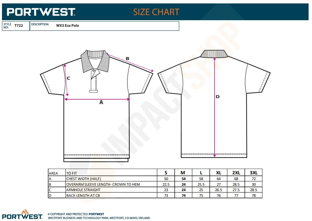 Portwest T722 mérettáblázat