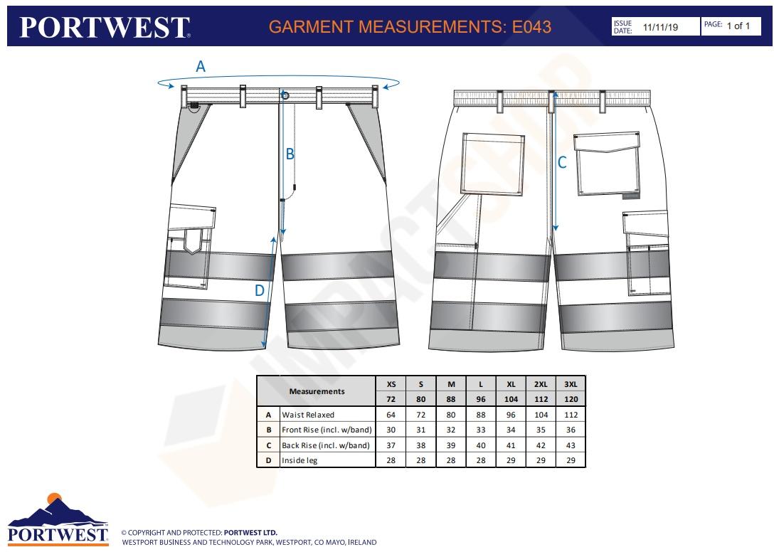 Portwest E043 mérettáblázat