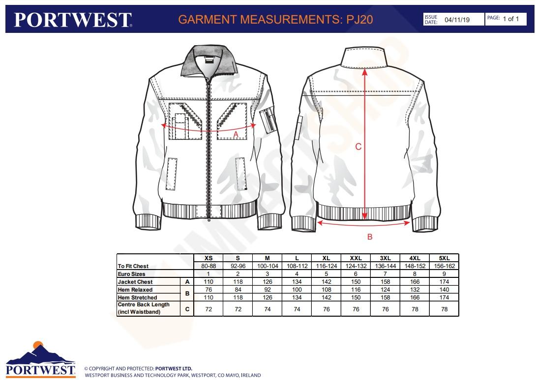 Portwest PJ20 mérettáblázat