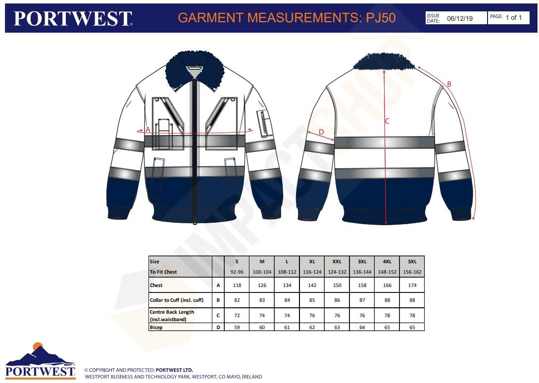 Portwest PJ50 mérettáblázat