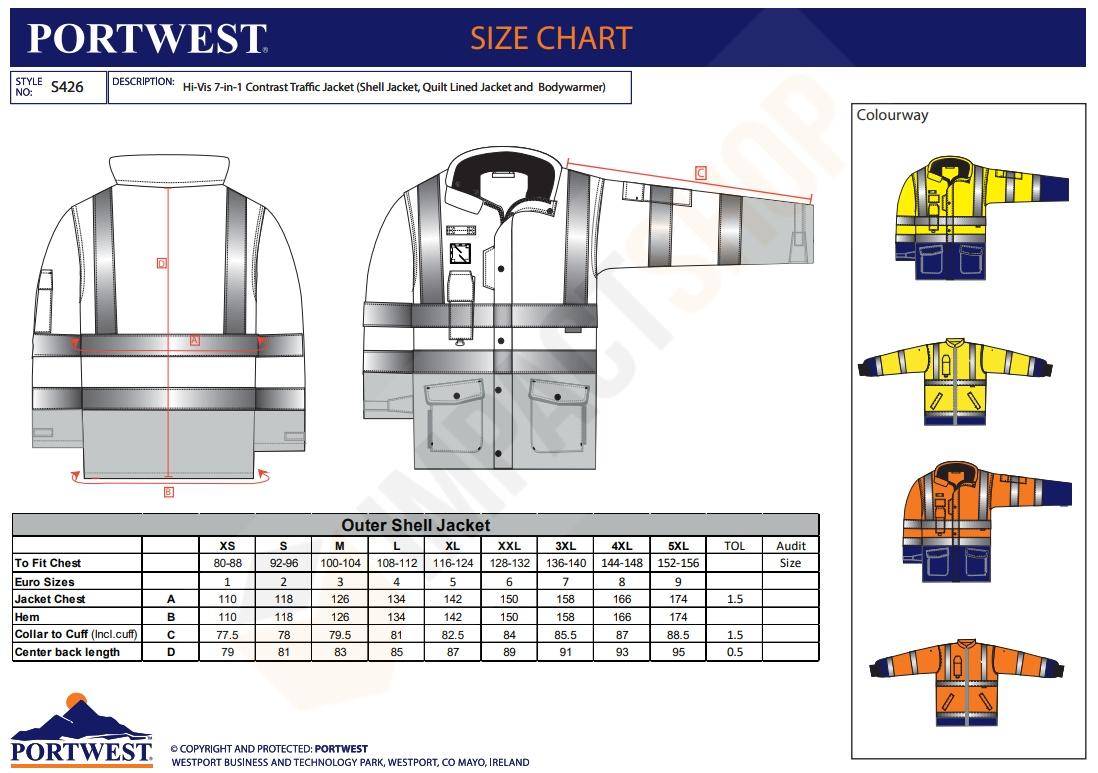 Portwest S426 mérettáblázat