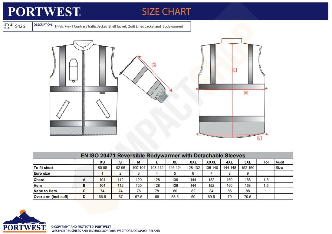 Portwest S426 mérettáblázat 2