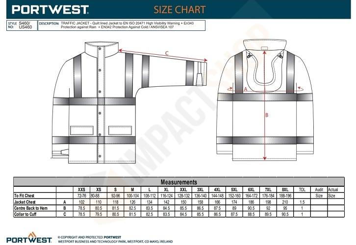 Portwest S460 mérettáblázat