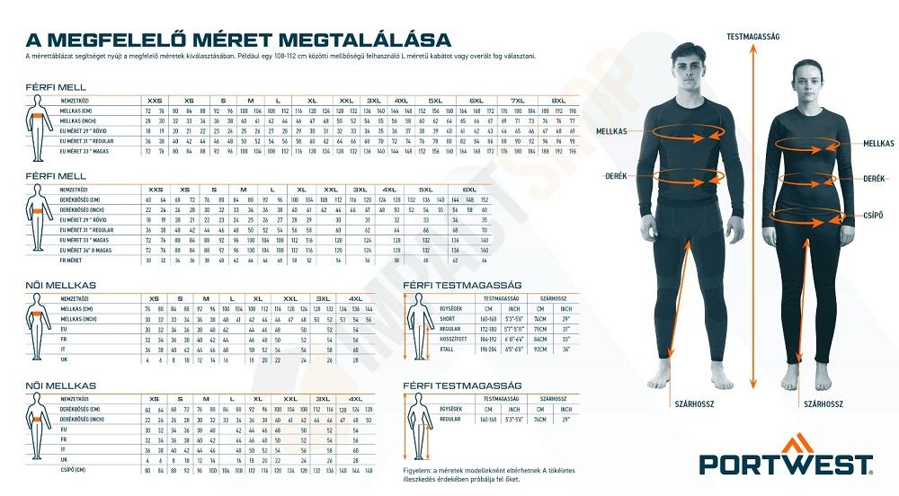 Portwest LW12 mérettáblázat